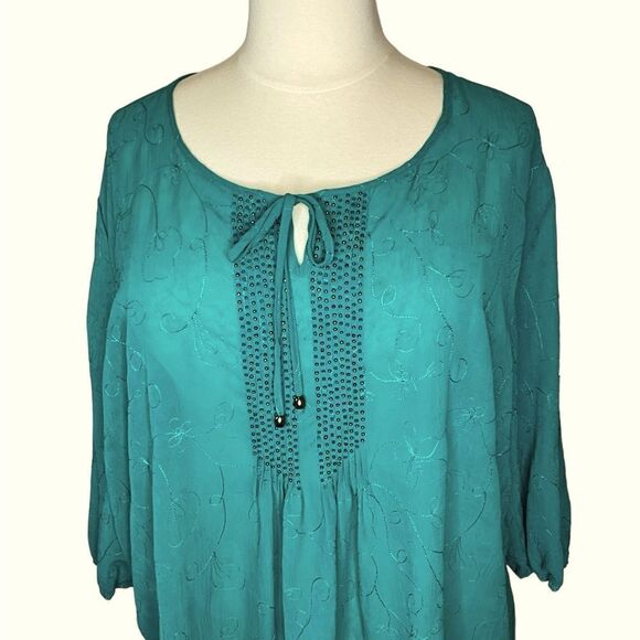 Maggie Barnes Plus Size Woman's Blouse Size 4X Green Beaded Embroidered - Picture 2 of 11
